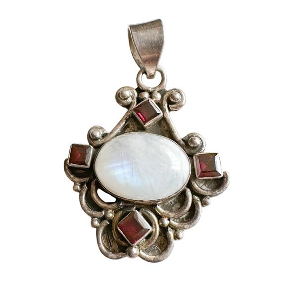 Sterling Silver Moonstone Garnet Pendant Vtg Boho Hippie 90s Multi Gemstone - Picture 1 of 13